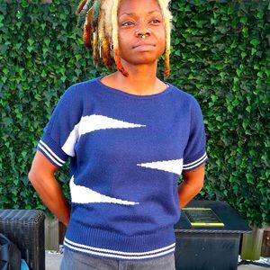 Short sleeve pull over sweater by ILGWU  (Navy blue w/ White strips)